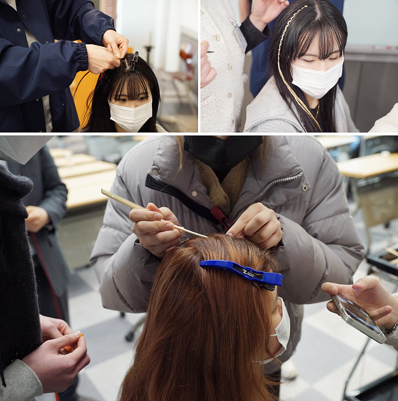 헤어디자인 과정 오리엔테이션에서 참석한 학생들이 색 실을 이용하여 특수머리 땋기 실습을 하는 모습
